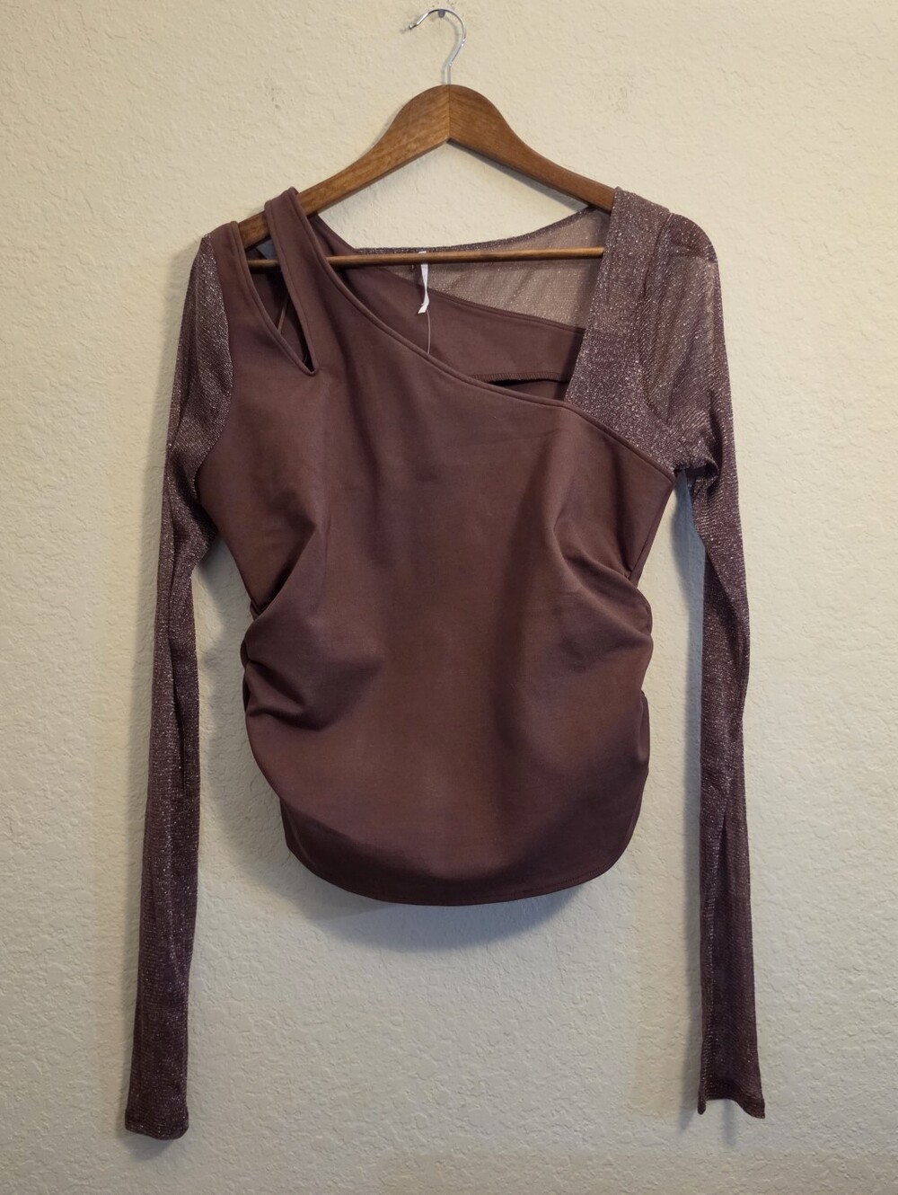 NWT Free People Cold Shoulder Top Womens Large Brown Ruched Side Shimmer Sleeve